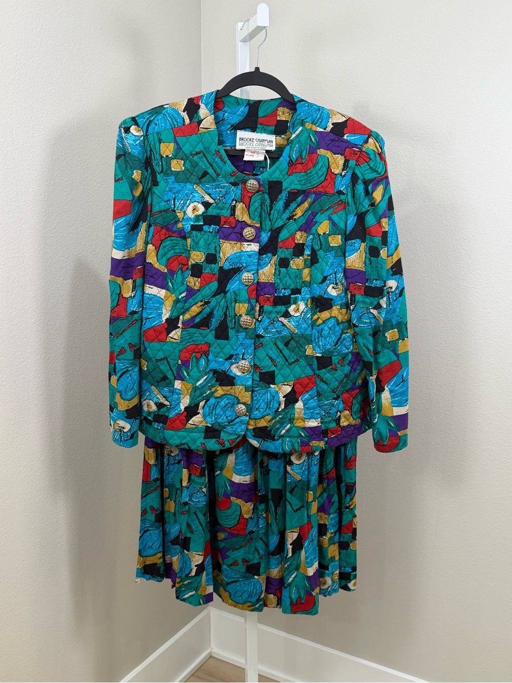 VTG Brooke Chapman 2-Piece Quilted Jacket & Midi Skirt Set Abstract Art Sz 18